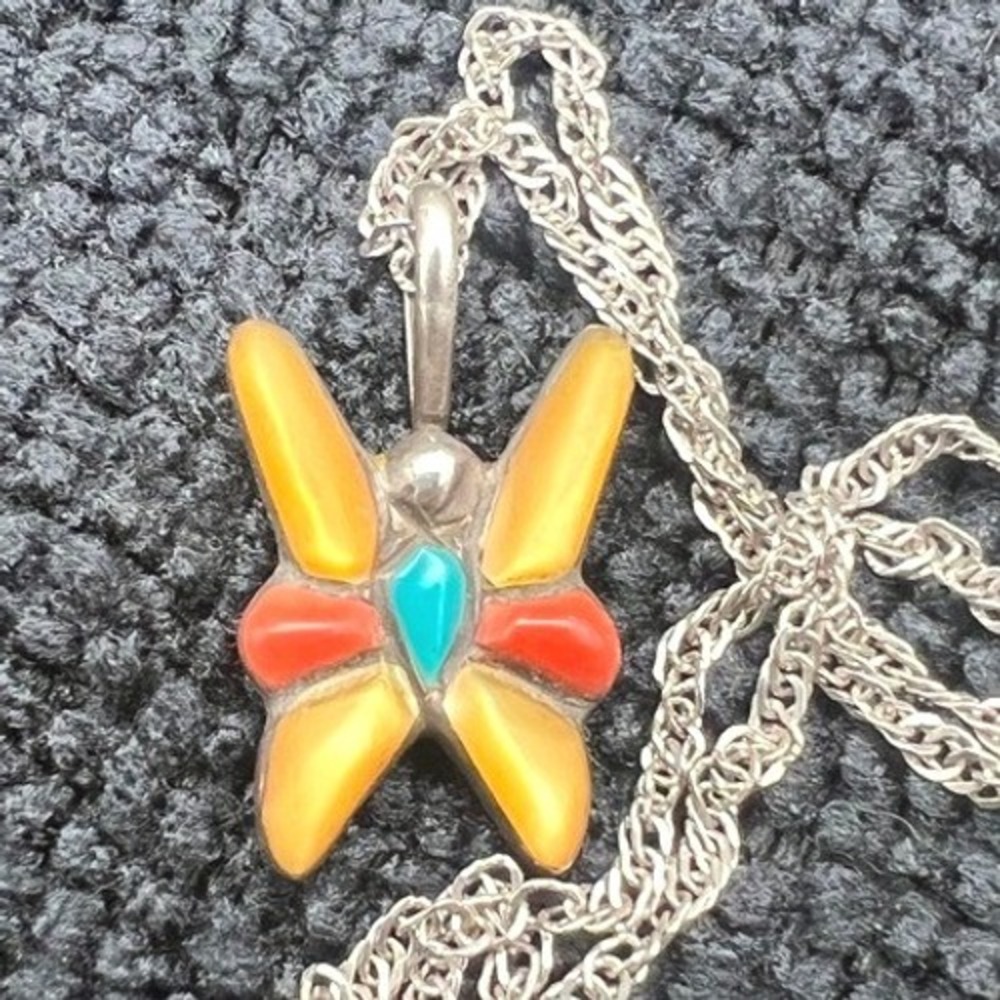 Vintage Sterling Silver Bbj Necklace Multi Gemstone Butterfly Pendant Curb Chain